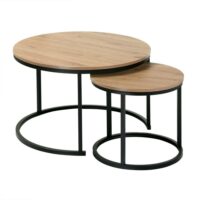Lot de 2 tables basses gigognes rondes - chêne et noir-Chêne-Marron-Calicosy
