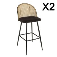 Lot de 2 tabourets de bar assise tissu noir dossier effet cannage-Tissu-Noir-MACABANE
