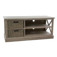 Meuble tv bas 2 niches et 2 paniers en osier--Marron-Hellin