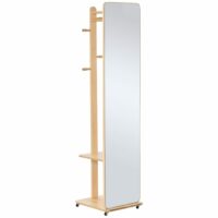Miroir sur pied avec roulettes portant 4 patères mdf bois clair-Bois-Beige-Homcom