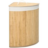 Panier à linge bambou d'angle avec couvercle bambou naturel et blanc-Lin-Beige-Homcom