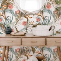 Papier peint vinyle adhésif plantes tropicales vert et rose 50x300 cm-Papier-Vert-Decochic