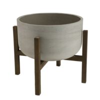 Pot de fleur rond en béton sur pieds en acacia marron-Béton-Gris-MACABANE