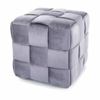 Pouf cube en velours de polyester gris à effet tressé