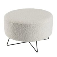 Pouf rond tissu bouclette blanc pieds croisés métal noir-Métal-Blanc-MACABANE