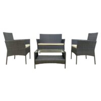 Salon de jardin  4 places en polyrotin gris avec coussins beige--Gris-Mobili Rebecca