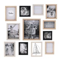 Set  de 12 cadres photo multi-tailles effet bois naturel blanc et noir-Bois-Marron-Altobuy