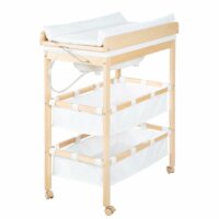 Table à langer avec baignoire et matelas blanc en bois nature-Bois-Marron-roba