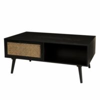 Table basse 1 niche 2 tiroirs en pin cannage couleur noire l100-Bois de Pin-Noir-MACABANE