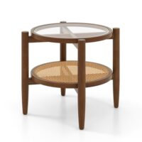Table basse ronde en bois verre rotin 2 niveaux 56 x 56 x 46 cm marron-Verre-Marron-Giantex