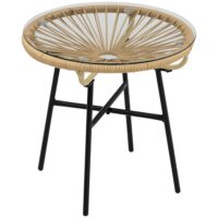Table d'appoint en rotin beige avec plateau en verre 50 x 50 x 50 cm-Verre-Beige-OKWISH
