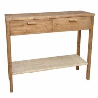 Table d'entrée en bois massif 2 tiroirs et étagère en raphia 100cm-Bois-Marron-NATYAL