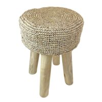 Tabouret en raphia et bois teck D.32 x 45 cm-Teck-Beige-NATYAL