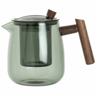 Théière en verre teinté gris anse en bois d'acacia 1