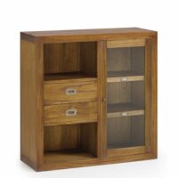Vitrine 1 porte en verre et 2 tiroirs en bois marron L 90 cm-Verre-Marron-MOYCOR